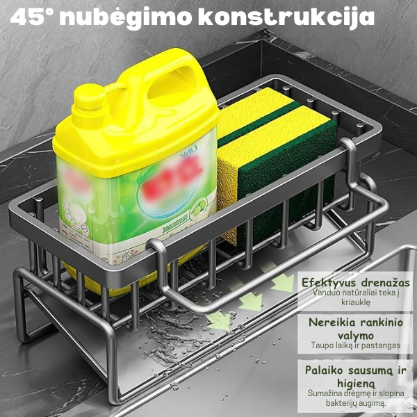 Nerūdijančio plieno kriauklės organizatorius su vandens nubėgimu