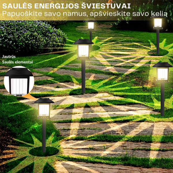 Saulės energija įkraunami sodo šviestuvai