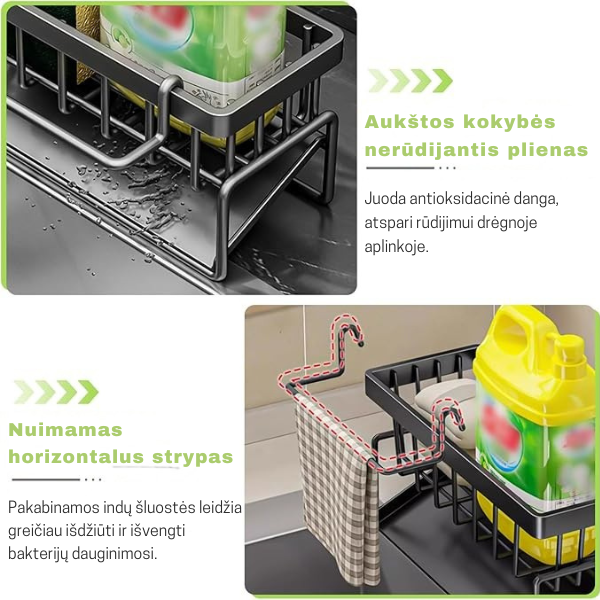 Nerūdijančio plieno kriauklės organizatorius su vandens nubėgimu