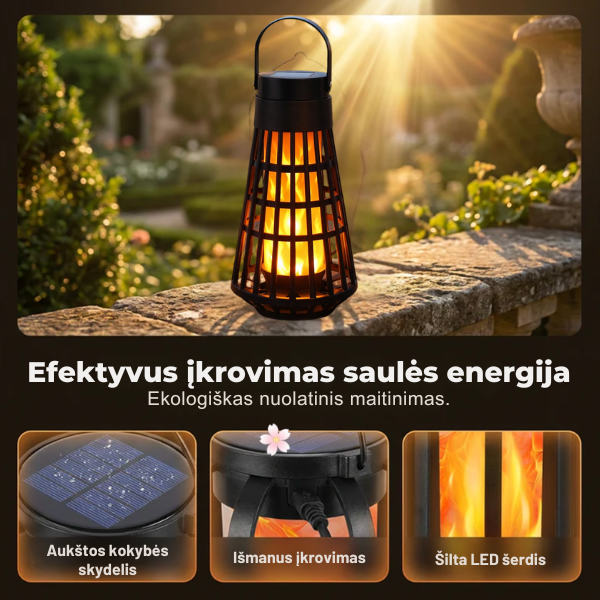 Saulės energija įkraunamas LED žibintas su liepsnos efektu