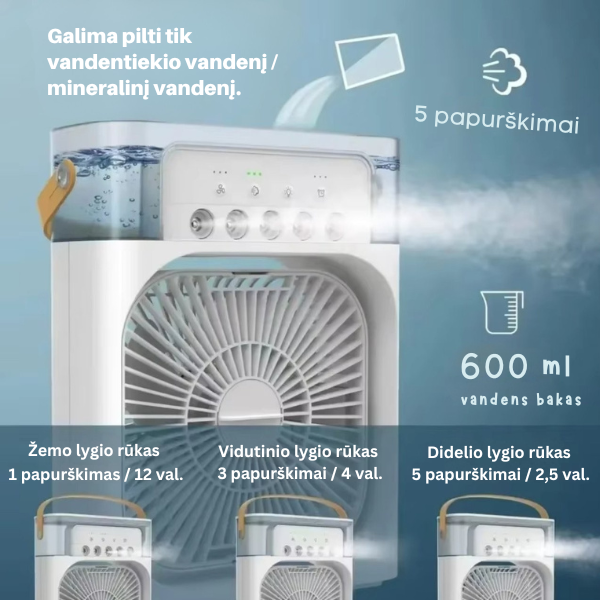 Nešiojamas oro vėsintuvas su drėkintuvu ir LED apšvietimu